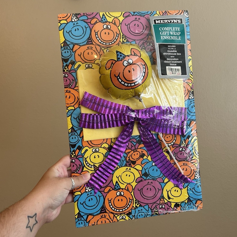 Vintage Complete Gift Wrap Ensemble Colorful Pig Mervyns - Birthday gift Wrap